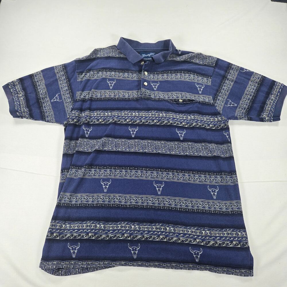 Vintage Wrangler Western Blue Steer Skull Head Print Polo Shirt Men's‎ Size XL